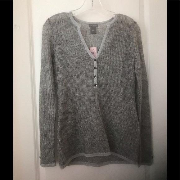 Ann Taylor Petite XS Silver-Gray Metallic Yarn Long Sleeve Henley - Picture 1 of 10
